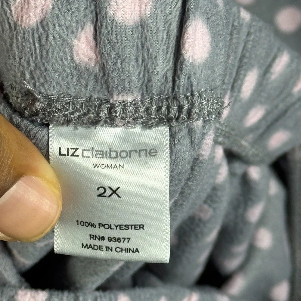 Liz Claiborne Womens Pajama Set Pink Gray Polka‎ Dot Long Sleeve Drawstring 2X